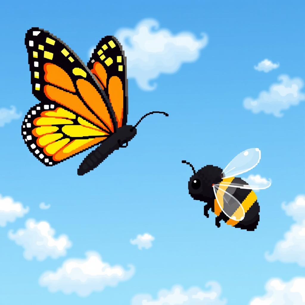 A vibrant pixel art scene depicting a colorful butterfly soaring gracefully alongside a cute bumblebee in a clear blue sky