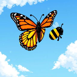 A vibrant pixel art scene depicting a colorful butterfly soaring gracefully alongside a cute bumblebee in a clear blue sky