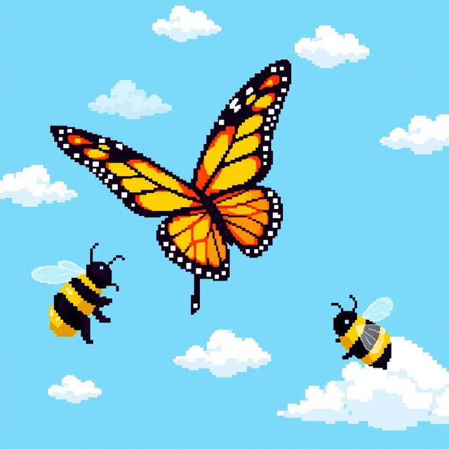 A vibrant pixel art scene depicting a colorful butterfly soaring gracefully alongside a cute bumblebee in a clear blue sky