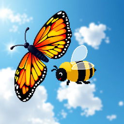 A vibrant pixel art scene depicting a colorful butterfly soaring gracefully alongside a cute bumblebee in a clear blue sky