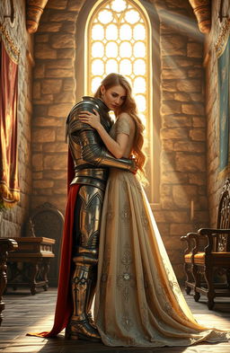 A realistic image of a medieval knight embracing a long-haired European princess at the end of a stone castle room, featuring a large window that allows sunlight to filter in, casting warm rays across the room