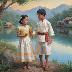 An illustration of a small, kind-hearted boy assisting a little lost girl, both wearing traditional Filipiniana clothing, amid a picturesque Philippine scenario.