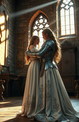 A realistic image of a medieval knight embracing a long-haired European princess at the end of a stone castle room, featuring a large window that allows sunlight to filter in, casting warm rays across the room