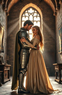 A realistic image of a medieval knight embracing a long-haired European princess at the end of a stone castle room, featuring a large window that allows sunlight to filter in, casting warm rays across the room