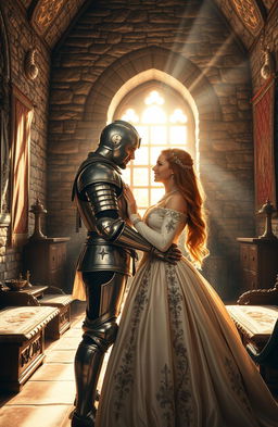 A realistic image of a medieval knight embracing a long-haired European princess at the end of a stone castle room, featuring a large window that allows sunlight to filter in, casting warm rays across the room