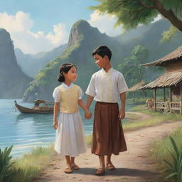 An illustration of a small, kind-hearted boy assisting a little lost girl, both wearing traditional Filipiniana clothing, amid a picturesque Philippine scenario.