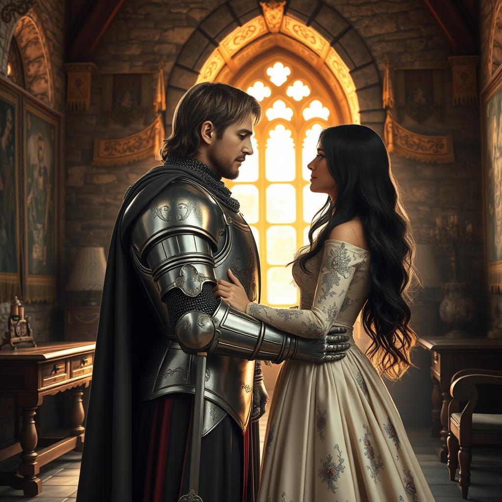 A realistic image of a medieval knight embracing a long-haired European princess with black hair at the end of a stone castle room, featuring a large window that allows sunlight to filter in, casting warm rays across the room