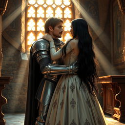 A realistic image of a medieval knight embracing a long-haired European princess with black hair at the end of a stone castle room, featuring a large window that allows sunlight to filter in, casting warm rays across the room