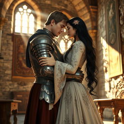 A realistic image of a medieval knight embracing a long-haired European princess with black hair at the end of a stone castle room, featuring a large window that allows sunlight to filter in, casting warm rays across the room