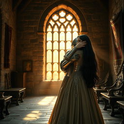 A realistic image of a medieval knight embracing a long-haired European princess with black hair at the end of a stone castle room, featuring a large window that allows sunlight to filter in, casting warm rays across the room