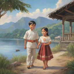 An illustration of a small, kind-hearted boy assisting a little lost girl, both wearing traditional Filipiniana clothing, amid a picturesque Philippine scenario.