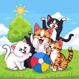 A delightful scene of various cats joyfully playing with a colorful ball in a pixel art style