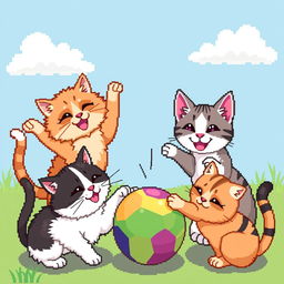 A delightful scene of various cats joyfully playing with a colorful ball in a pixel art style