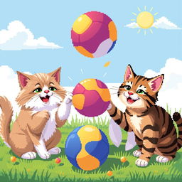 A delightful scene of various cats joyfully playing with a colorful ball in a pixel art style