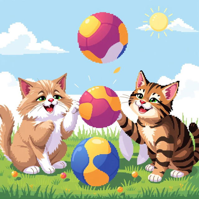 A delightful scene of various cats joyfully playing with a colorful ball in a pixel art style