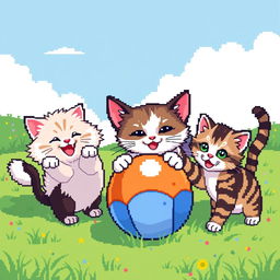 A delightful scene of various cats joyfully playing with a colorful ball in a pixel art style