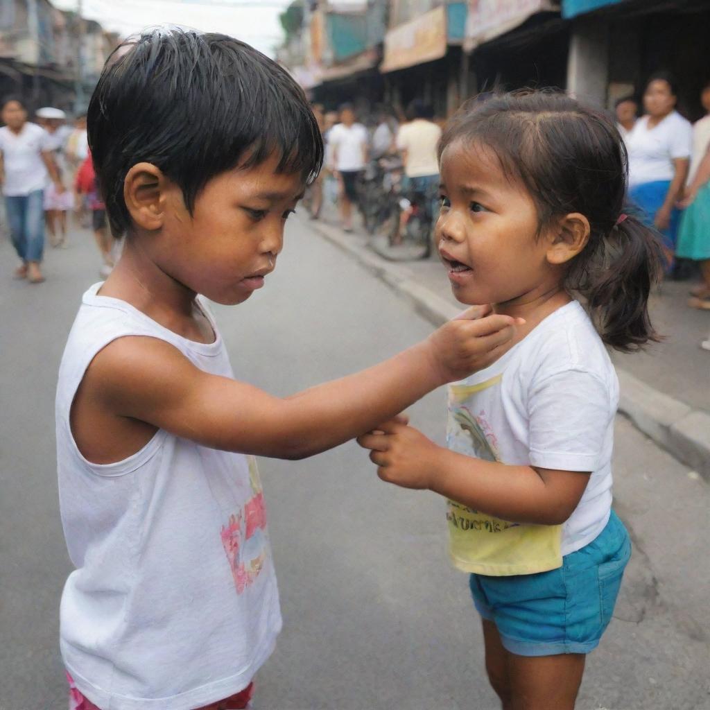 A compassionate kid offering his hand to help a crying little girl, lost in the bustling streets of Tondo, Philippines. The sunny surrounding portrays their features mildly shrouded, yet their emotions vivid.