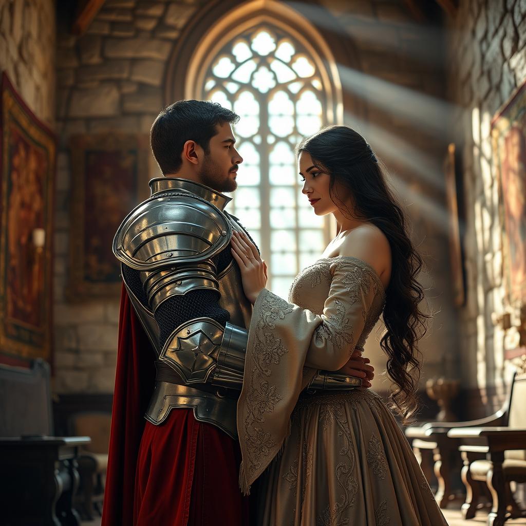 A realistic image of a 22-year-old medieval knight embracing an 18-year-old European princess with long black hair at the end of a stone castle room