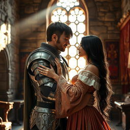 A realistic image of a 22-year-old medieval knight embracing an 18-year-old European princess with long black hair at the end of a stone castle room