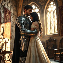 A realistic image of a 22-year-old medieval knight embracing an 18-year-old European princess with long black hair at the end of a stone castle room