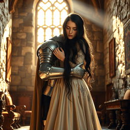 A realistic image of a 22-year-old medieval knight embracing an 18-year-old European princess with long black hair at the end of a stone castle room