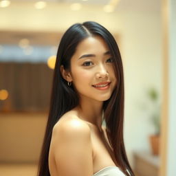 A young woman with long, straight black hair, posing in a bright indoor space