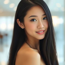 A young woman with long, straight black hair, posing in a bright indoor space