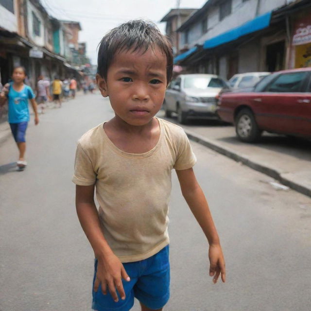 A compassionate kid offering his hand to help a crying little girl, lost in the bustling streets of Tondo, Philippines. The sunny surrounding portrays their features mildly shrouded, yet their emotions vivid.