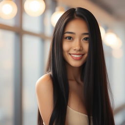 A young woman with long, straight black hair, posing in a bright indoor space