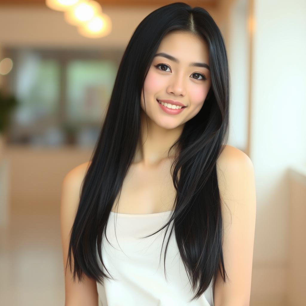 A young woman with long, straight black hair, posing in a bright indoor space