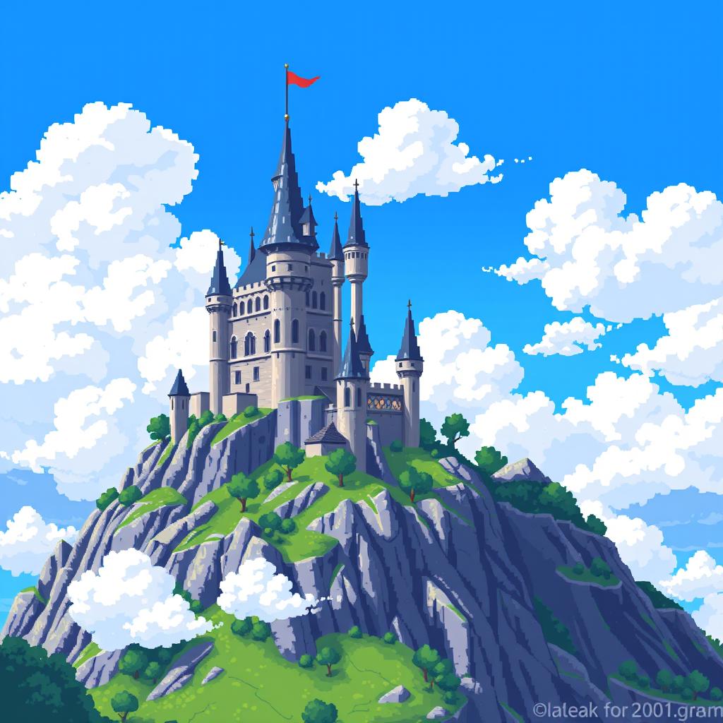 A vibrant pixel art depiction of a majestic castle perched atop a rugged mountain, surrounded by fluffy white clouds