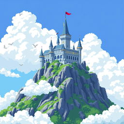 A vibrant pixel art depiction of a majestic castle perched atop a rugged mountain, surrounded by fluffy white clouds