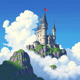 A vibrant pixel art depiction of a majestic castle perched atop a rugged mountain, surrounded by fluffy white clouds