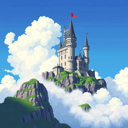 A vibrant pixel art depiction of a majestic castle perched atop a rugged mountain, surrounded by fluffy white clouds