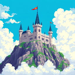 A vibrant pixel art depiction of a majestic castle perched atop a rugged mountain, surrounded by fluffy white clouds