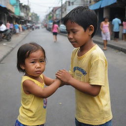 A compassionate kid offering his hand to help a crying little girl, lost in the bustling streets of Tondo, Philippines. The sunny surrounding portrays their features mildly shrouded, yet their emotions vivid.