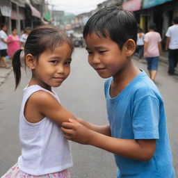 A compassionate kid offering his hand to help a crying little girl, lost in the bustling streets of Tondo, Philippines. The sunny surrounding portrays their features mildly shrouded, yet their emotions vivid.