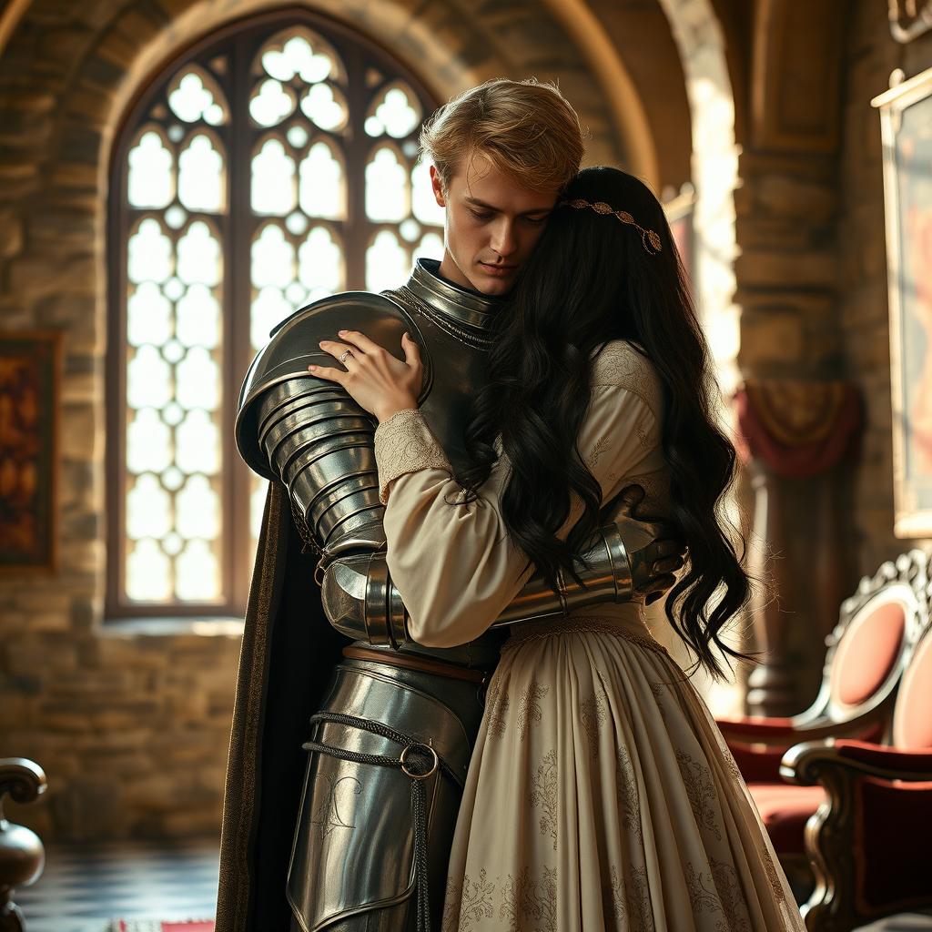 A realistic image of a 22-year-old blonde medieval knight embracing an 18-year-old European princess with long black hair at the end of a stone castle room