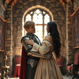 A realistic image of a 22-year-old blonde medieval knight embracing an 18-year-old European princess with long black hair at the end of a stone castle room