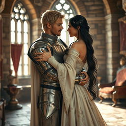 A realistic image of a 22-year-old blonde medieval knight embracing an 18-year-old European princess with long black hair at the end of a stone castle room