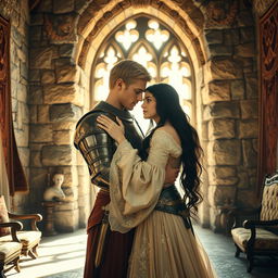 A realistic image of a 22-year-old blonde medieval knight embracing an 18-year-old European princess with long black hair at the end of a stone castle room