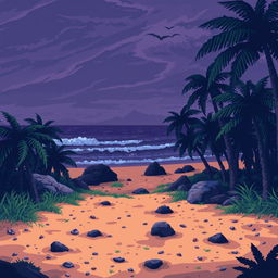 A pixelated combat background set on a mystical island, featuring a sandy battleground that has patches of grass and scattered rocks