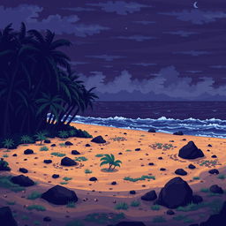 A pixelated combat background set on a mystical island, featuring a sandy battleground that has patches of grass and scattered rocks