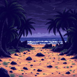 A pixelated combat background set on a mystical island, featuring a sandy battleground that has patches of grass and scattered rocks