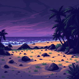 A pixelated combat background set on a mystical island, featuring a sandy battleground that has patches of grass and scattered rocks