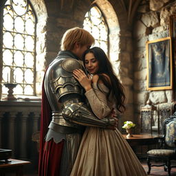 A realistic image of a 22-year-old blonde medieval knight embracing an 18-year-old European princess with long black hair at the back of a stone castle room