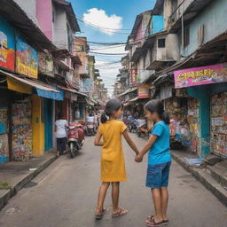 Translate the scene of a compassionate kid helping a crying girl into a stylized, vibrant comic strip. The backdrop is the busy, colorful streets of Tondo, Philippines.