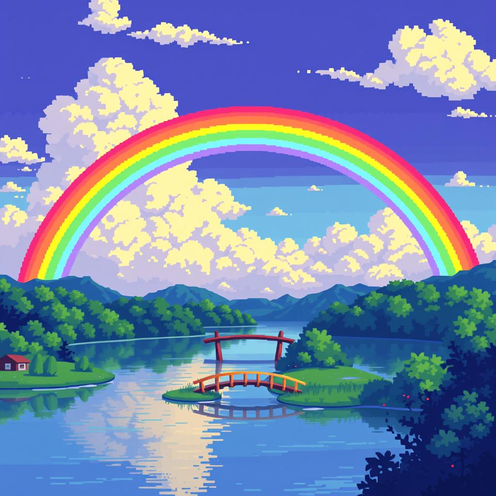 A vibrant pixel art scene depicting a stunning rainbow arching over a serene lake