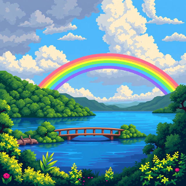 A vibrant pixel art scene depicting a stunning rainbow arching over a serene lake