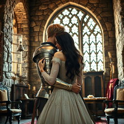 A realistic image of a 22-year-old blonde medieval knight embracing an 18-year-old European princess with long black hair at the back of a stone castle room